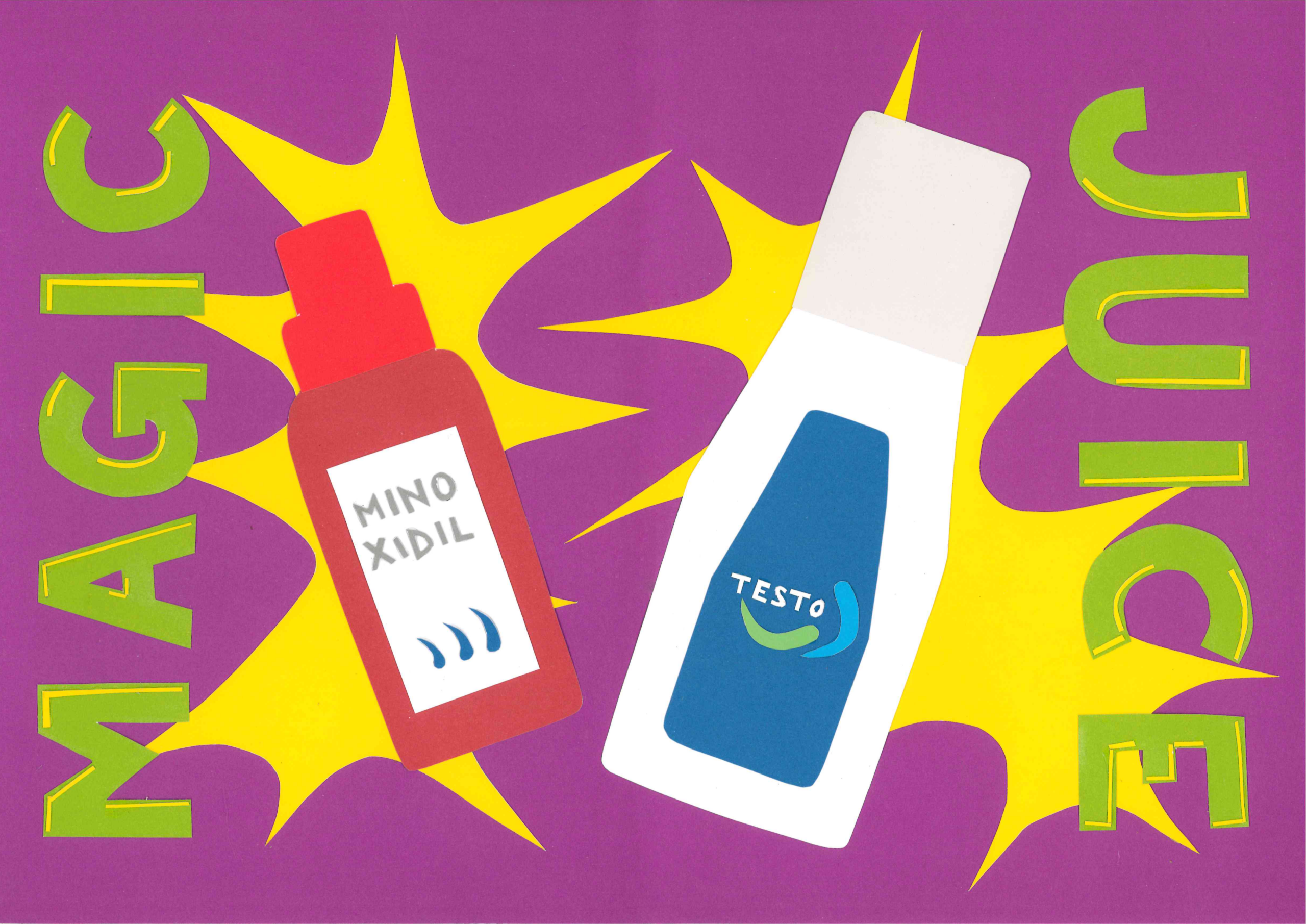 Auf dieser Doppelseite stechen direkt die mittig angeordneten Flaschen der Medikamente „Minoxidil“ und „Testosteron“ ins Auge. Auch die Wörter „Magic Juice“, die am linken und rechten Rand angeordnet sind, fallen auf. Übersetzt bedeutet: „Magic Juice“ „Magischer Saft“. Insgesamt wirkt diese Doppelseite wie einer Werbung aus den 90ern nachempfunden. Die mittig angeordneten Medikamentenflaschen sind auf Papier aufgemalt und ausgeschnitten, sodass klar erkennbar ist, dass sie den echten Medikamentenpackungen nur nachempfunden sind. Links ist die Sprühflasche von Minoxidil, einem Haarwuchsmittel, zu sehen. Sie ist dunkelrot, der Deckel ist in einem etwas helleren rot. Mittig der Flasche ist ein weißes Rechteck aufklebt, welches das Etikett des Medikaments darstellt. Darauf ist in grauen Großdruckbuchstaben das Wort „Minoxidil“ zu sehen. Darunter sind in dunkelblau drei Haarfollikel zu sehen, wobei die Haarfollikel von links nach rechts etwas größer werden. Rechts ist eine weiße Flasche abgebildet. Der Deckel ist hellgrau. Mittig auf der Flasche ist ein dunkelblaues Etikett zu sehen, auf dem in weißen Großdruckbuchstaben „Testo“ steht. Um das Wort „Testo“ schwingen sich zwei kurvige, tropfenähnliche Formen in hellgrün und hellblau. Hinter den beiden Medikamenten sind in knalligem gelb jeweils eine große Form mit zackigen Spitzen zu sehen. Dadurch werden die beiden Medikamente besonders hervorgehoben und angepriesen. Links und rechts, jeweils am Bildrand, sind die Worte „Magic Juice“ in hellgrünen Großdruckbuchstaben zu sehen. Das Grün steht im Kontrast zum einfarbig lila Hintergrund und ist so ziemlich auffällig. Auf den grünen Buchstaben sind in gelb noch dünne Streifen zu sehen, die den Buchstaben eine Art 3D-Effekt verleihen.