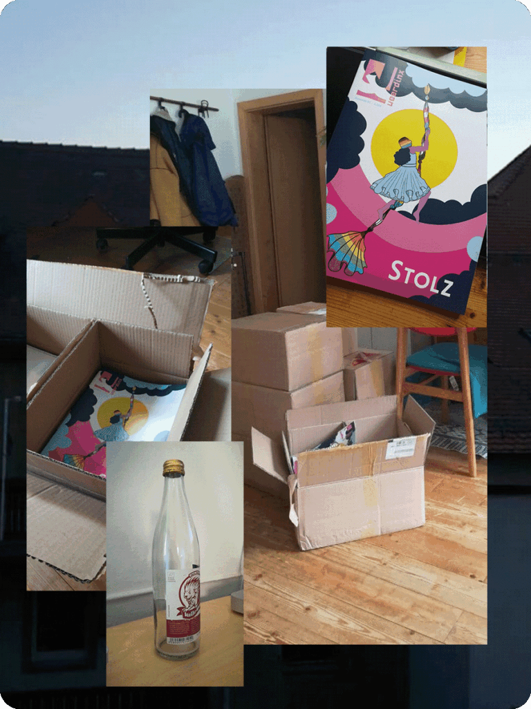 Eine Bildcollage zeigt ein Wohnzimmer voller Pappkisten, ein Bild, wie eine dieser Pappkisten geöffnet ist und man Queerdinx-Magazine darin sehen kann. Außerdem zeigt sie einen Himmel mit Sonnenuntergang sowie eine leere Mate-Flasche.