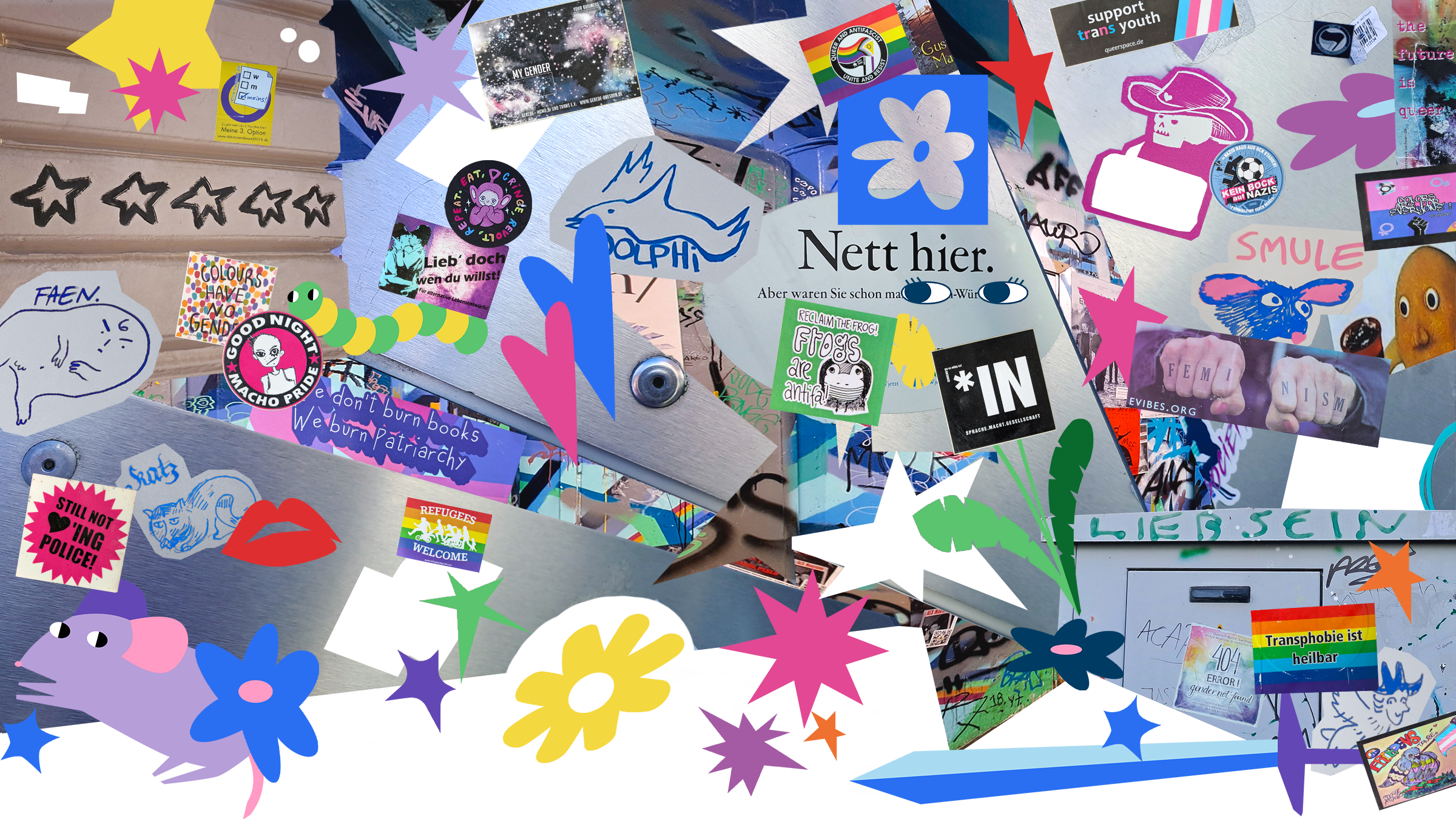 Bunte Collage mit übereinandergelegten Aufklebern, Zeichnungen und grafischen Elementen.