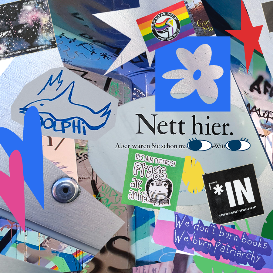 Bunte Collage mit übereinandergelegten Aufklebern, Zeichnungen und grafischen Elementen.