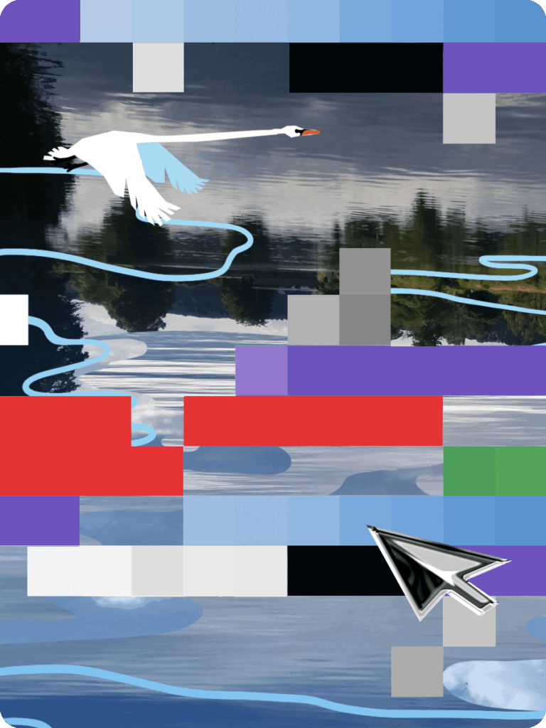 Ein Schwan mit ausgebreiteten Flügeln fliegt über eine Wasseroberfläche, in der Bäume und Himmel gespiegelt werden. Viele bunte Pixel überlagern das Bild. Eine großer, stilisierte Curser befindet sich im unteren Bereich.