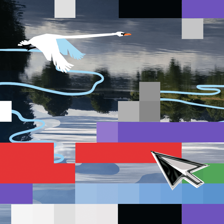Beitragsbild, das die Ästhetik der zwei Gedichte vereint. Zu sehen ist eine Wassercollage mit Schwan und dicke Block-Pixel, die von einem silbernen, riesigen Mauszeiger begleitet werden.
