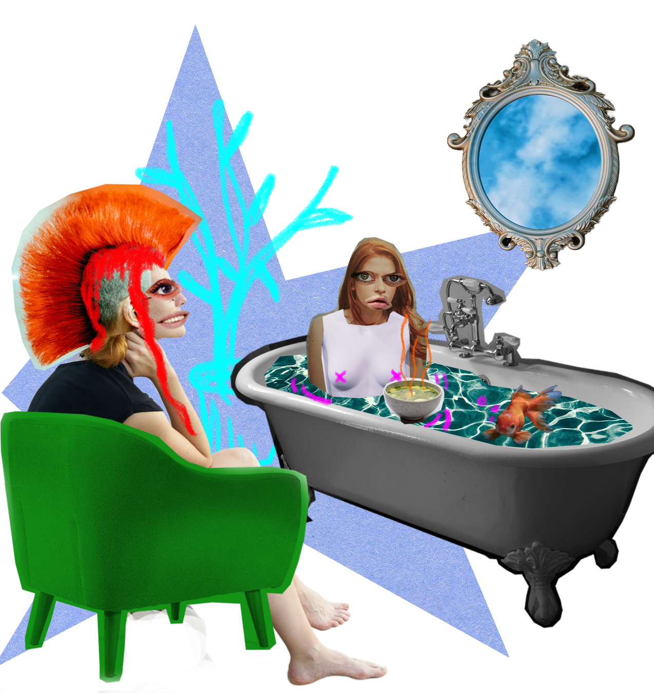 Dekoratives Element im Stil einer analogen, surrealen Collage, die aus Ausschnitten verschiedener Fotografien zusammengesetzt wurde
Die Collage zeigt zwei Personen. Eine Person sitzt in einem Sessel und blickt die zweite Person an, die in einer Badewanne sitzt. Ihre Gesichter und Körper sind aus mehreren Ausschnitten aus Fotografien teils unproportional zusammen gesetzt. Die ausgeschnittenen Augen und Münder der Personen sind so groß, dass sie über den Rand des Kopfes abstehen. Die erste die im Text beschriebene Charakter Thea. Thea sitzt links im Bild auf einem grellen grünen Sessel. Wir sehen Thea im Profil, sie trägt ein schwarzes Shirt und hat das Haar in einem leuchtenden orangen Irokesen frisiert. Thea hat eine Hand im Nacken und stützt damit den Kopf. Die Beine sind überschlagen und der Blick auf die zweite Person gerichtet.
Die zweite Person ist die Ich-erzählende Figur (Heva) und sitzt in einer freistehenden Badewanne. Die Wasseroberfläche der Badewanne ist türkis schillernd wie die eines Swimming Pools. In der Badewanne schwimmt ein Fisch und eine Schüssel mit einer grünen Suppe. Der Torso der Person ist der einer Mamorskulptur mit nackten Brüsten, wobei die Nippel der Skulptur mit einem digitalen Zeichentool nachträglich übermalt wurden. Heva trägt langes naturrotes offenes Haar.
Im Hintergrund der Collage ist ein Violetter fünfzackiger Stern, dessen Ecken teilweise abgeschnitten wurden und eine digitale Zeichnung einer Zimmerpflanze. Rechts über der Badewanne ist ein vergrößerter Handspiegel mit vielen Verzierungen und Ornamenten, der Anstatt einer Spiegelung einen hellblauen Himmel mit zarten Wolken zeigt und dadurch an ein Fenster erinnert.