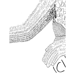 Ein mit Hand geschriebener Text nimmt die Form eines Körpers an. Man sieht im Ausschnit einen angehobenen Arm sowie die Achsel und Seite des Körpers.