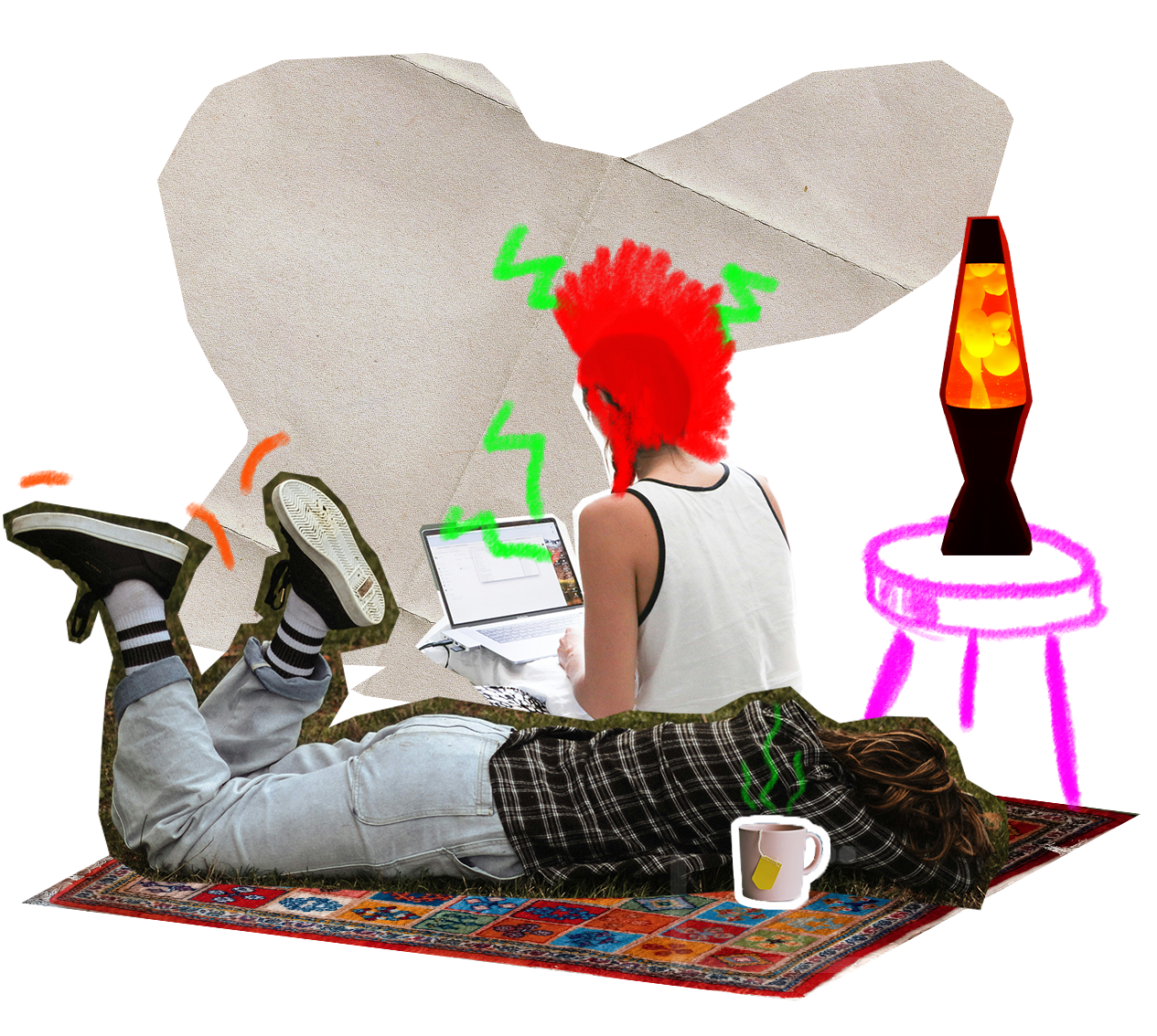 Dekoratives Element im Stil einer analogen, surrealen Collage, die aus Ausschnitten verschiedener Fotografien zusammengesetzt wurde
Die Collage zeigt zwei Personen, die nebeneinander sitzen beziehungsweise liegen. Auf einem Teppich mit vielen Kacheln in rot, blau und orange mit teilweise grünen Elementen liegt bäuchlings die Ich-erzählende Figur (Heva). Heva trägt hellblaue Jeans, weiße Tennissocken und schwarze Turnschuhe, ein grau-braunes Karohemd und das braun-blonde Haar offen. Heva hat die arme verkreuzt und den Kopf darauf abgelegt sodass wir ihr Gesicht nicht sehen. Ihre Beine sind angewinkelt und durch digital ergänzte Linien in einem comichaften Stil, wirkt es als würde sie Gedanken verloren mit ihren Füßen in der Luft wackeln. Vor ihr steht eine Tasse Tee auf dem Teppich.
Hinter Heva sitzt die zweite Person - Thea. Thea wird von hinten gezeigt und wir sehen nur ihren Oberkörper und Kopf, während sie über einen Laptop gebeugt sitzt. Sie trägt ein weißes Tanktop und hat das Haar in einem leuchtenden orangen Irokesen frisiert. Um ihren Kopf schwirren digital ergänzte Linien in einem comichaften Stil, wodurch der Eindruck von Verärgerung ihrerseits erweckt wird.
Rechts neben den beiden wurde mit einem digitalen Zeichen Tool ein kleiner, runder Dreibeiniger Tisch gezeichnet auf dem eine orange-gelbe Lavalampe steht. Dabei handelt es sich um einen Ausschnitt aus einer Fotografie. Ähnlich der Form einer Blase in der Lavalampe (amorph aber unregelmäßig) ist im Hintergrund ein beigefarbenes Stückpapier, das bereit ein paar mal gefaltet wurde ausgeschnitten.