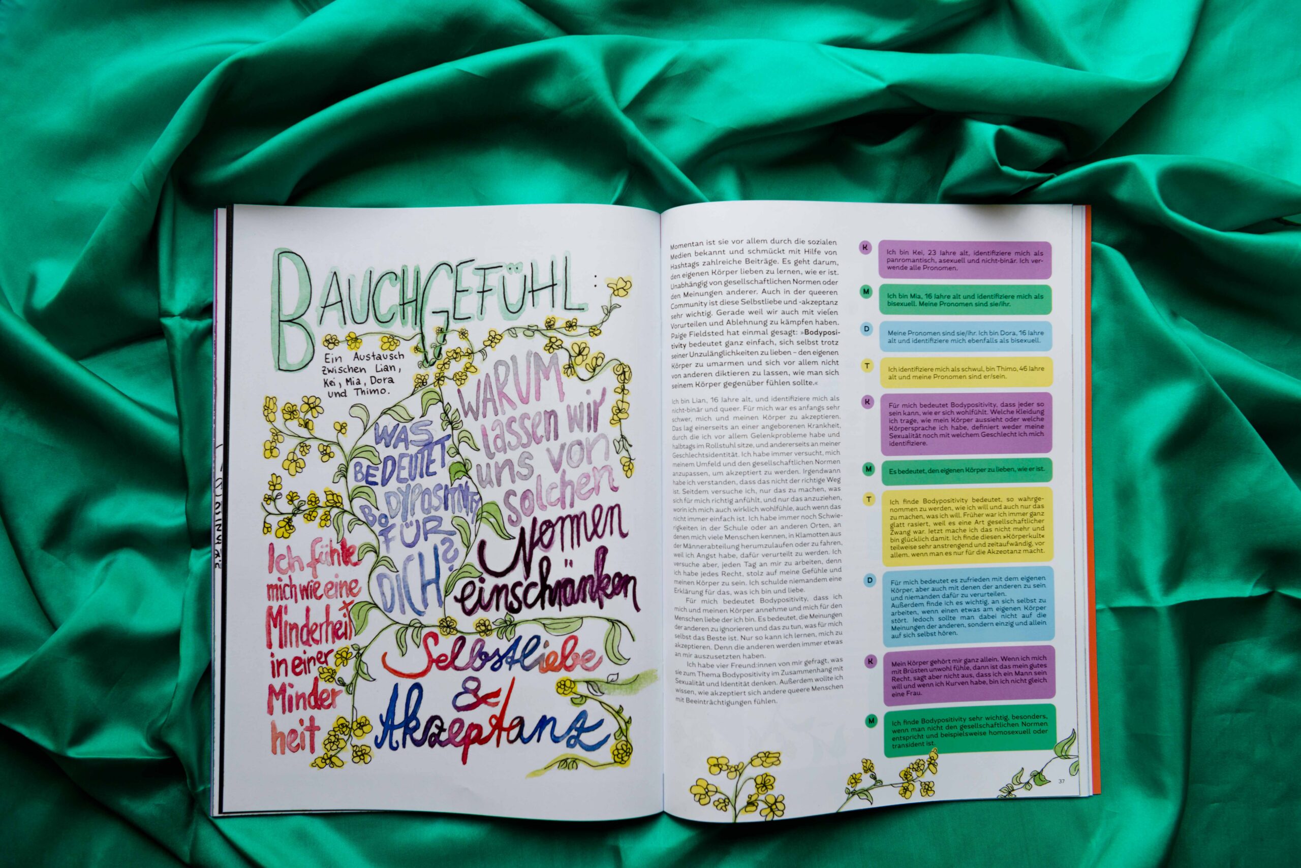 Das Magazin liegt geöffnet auf einem grünen Stoff. Auf der linken Seite ist eine Aquarell-Illustration mit Blumen und Ausschnitten aus dem Text. Das Wort "Bauchgefühl" sticht hervor. Auf der rechten Seite steht der Beitragstext - gestaltet in Dialogform, wie in einem Nachrichtenprogramm.