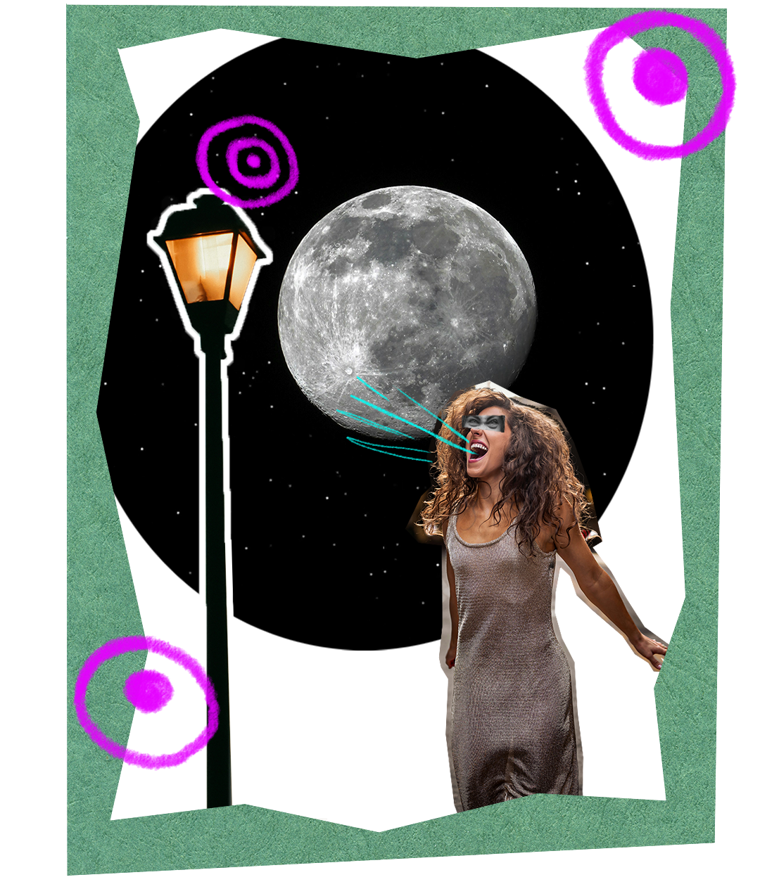 Dekoratives Element im Stil einer analogen, surrealen Collage, die aus Ausschnitten verschiedener Fotografien zusammengesetzt wurde
Die Collage zeigt die Ich-erzählende Figur Heva bei ihrem Nachtspaziergang. Sie trägt das Braune Haar offen und in wilden Locken, ein braun-graues Trägerkleid und hat die Arme nach hinten geworfen. Ihre Augen sind geschlossen und um ihren geöffneten Mund wurden digital Linien in einem comichaften Stil ergänzt, so dass der Eindruck erweckt wird sie würde schreien. Links neben ihr ist eine erleuchte Straßenlaterne, die warmes orangefarbenes Licht ausstrahlt. Hinter Ihr und der Laterne ist ein runder Ausschnitt einer Fotografie des fast schwarzen Nachthimmels. Neben vereinzelten kleinen Sternen zeigt er vor allem den Vollmond.
Die Collage steht vor einer unregelmäßigen, kantigen, weißen Hinterlegung. Die Hinterlegung erinnert an ein händisch ausgeschnittenes Stück Papier. Hinter dieser weißen Hinterlegung ist eine weitere Ebene in Form eines hellgrünen Rechtecks zu erkennen.