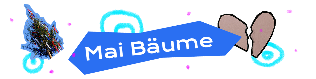 Dekoratives Element im Stil einer Collage - Die Zwischenüberschrift ”Mai Bäume” steht weiß vor einer unregelmäßigen, kantigen, blauen Hinterlegung. Die Hinterlegung erinnert an ein händisch ausgeschnittenes Stück Papier. Hinter der blauen Hinterlegung ist eine weitere Ebene einer weißen Form zu erkennen, sodass es wirkt als wären zwei ungleiche Papierauschnitte über einander gelegt. Links im Hintergrund ist ein geschmückter Maibaum mit Wimpeln in den Farben der sorbischen Flagge (rot, weiß, blau) abgebildet. Es handelt sich um einen formgenauen Ausschnitt einer Fotografie. Die Gurke wurde mit einer welligen, hellblauen Linie umrahmt. Am rechten Rand des Hintergrundes ist ein gebrochenes Herz aus Papier abgebildet. Über die gesamte Breite wurden vereinzelt mit einem digitalen Zeichen-Tool kleine pinke Punkte gemalt. An den Fotografien und dem oberen Rand des Textes der Zwischenüberschrift sind verspielt hellblaue Ringe eingezeichnet.