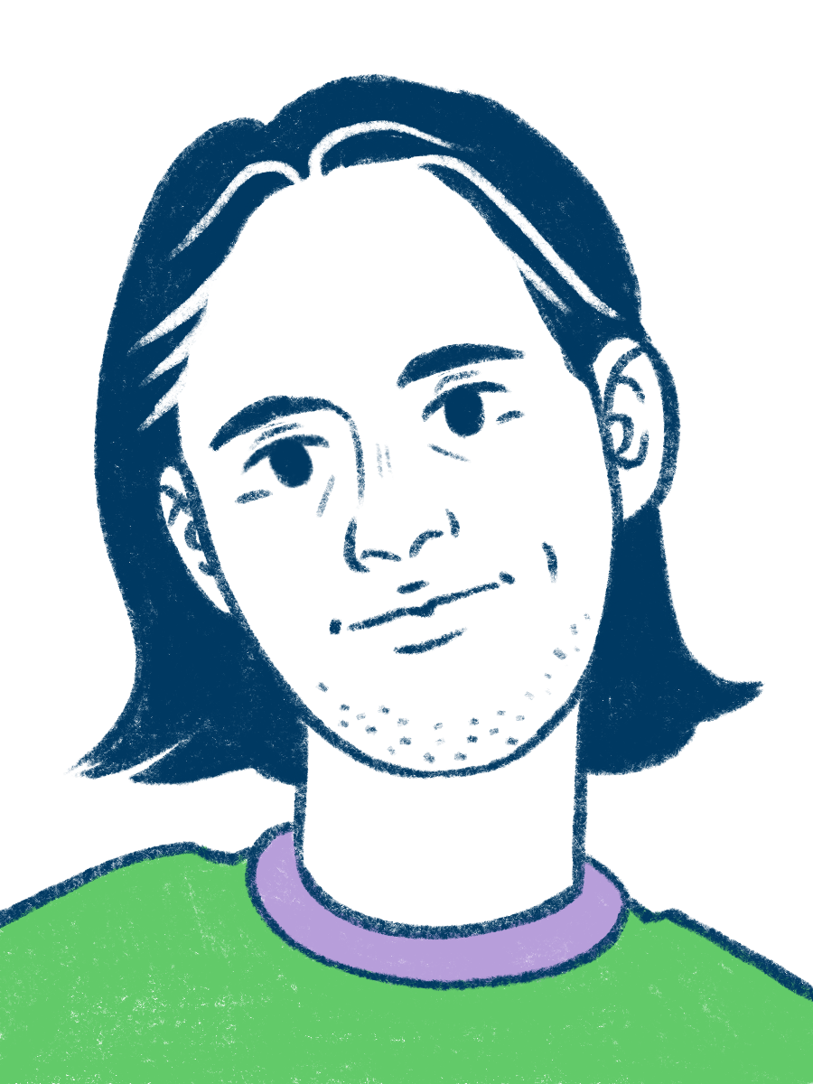 Eine Illustration von Mika im Comicstil. Seine fast schulterlangen Haare sind dunkelblau und hinter die Ohren gesteckt. Er trägt einen grünen Pullover mit einem helllila Rollkragen. Er schaut ruhig und zufrieden.