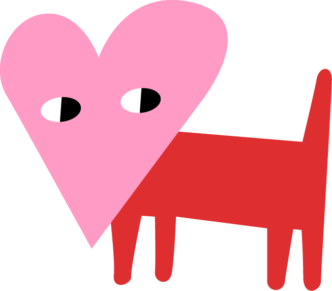 Eine kleine hund-ähnliche Figur mit rotem Körper, vier kleinen Beinen und einem pinken Herz als Kopf schaut nach rechts. 