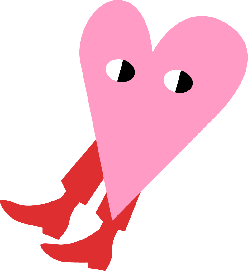 Ein pinkes Herz mit roten Stiefeln schaut nach rechts. Ein Element der neues visual Language unter dem Thema "Queerdinx goes digital"