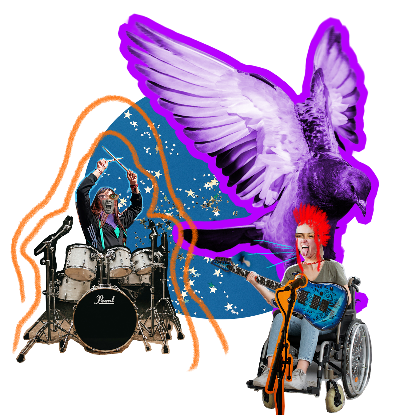 Dekoratives Element im Stil einer analogen, surrealen Collage, die aus Ausschnitten verschiedener Fotografien zusammengesetzt wurde
Die Collage zeigt zwei Personen, die gemeinsam in einer Band spielen. Rechts im Bild ist der Charakter Thea zu sehen. Thea trägt die Haare leuchtenden orangen Irokesen frisiert, sitzt im Rollstuhl mit einer blauen Gitarre und singt in ein Mikrofon. Thea streckt dabei rebellisch die Zunge raus. Die zweite Person sitzt links im Bild hinter einem Schlagzeug, überkreuzt die Drumsticks über dem Kopf und hat ebenfalls den Mund weit geöffnet als würde sie singen oder mit rufen. Der Umriss der Person am Schlagzeug wurden mit zwei orangefarben Linien eines Zeichen Tools nach gezeichnet, sodass es wirkt als würde diese Person eine Aura umgeben.
Im Hintergrund ist eine Taube im Landeflug abgebildet die ca. die Hälfte des Bildes einnimmt und somit größer dargestellt ist, als die Menschen in der Band. Es ist ein formgenauer Ausschnitt einer Fotografie, der digital nach bearbeitet wurde, sodass die Taube in einem leuchtenden lila eingefärbt erscheint. Noch hinter der Taube und Mittig in der Komposition ist ein blauer Kreis auf dem vereinzelt analoge Glitzersterne erscheinen. Er erinnert an den Nachthimmel und wird sowohl von der Taube als auch der Person am Schlagzeug teilweise überdeckt.