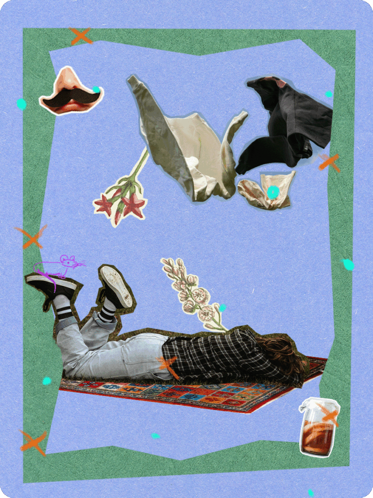 Dekoratives Element im Stil einer analogen, surrealen Collage, die aus Ausschnitten verschiedener Fotografien zusammengesetzt wurde Die Collage zeigt eine Person, die bäuchlings auf einem Teppich, der aus vielen Kacheln in rot, blau und orange zusammengesetzt ist. Sie trägt hellblaue Jeans, weiße Tennissocken und schwarze Turnschuhe, ein grau-braunes Karohemd und das braun-blonde Haar offen. Die Person hat die Arme verkreutzt und den Kopf darauf abgelegt, sodass wir ihr Gesicht nicht sehen. Ihre Beine sind angewinkelt und mit einem digitalen Zeichentool wurde eine Skizze einer auf den schuhsolen sitzenden Maus ergänzt. Aus dem Teppich entspringt eine überlebensgroße analoge Farbskizze einer Pflanzen, die viele zartrosafarbene Blüten trägt . Über der Person auf dem Teppich sind drei in die luftgeworfene Pullover abgebildet. Es handelt sich um jeweils einen formgenauen Ausschnitt einer Fotografie eines Pullovers. Dadurch, dass sie in die Luft geworfen wurden, werfen sie Falten und sehen etwas verknüllt aus. Darunter in der Rechten unteren Ecke der Collage befindet sich ein abgedecktes Einmachglas mit einer trüben, braunen Flüssigkeiten und mehreren unregelmäßigen, darin schwimmenden beigen Scheiben. Es handelt sich um einen formgenauen Ausschnitt einer Fotografie eines Einmachglases, in dem ein Combuchapilz kultiviert wird. In der Linken oberen Ecke des Hintergrundes ist ein Ausschnitt eines Portraitfotos einer weißen Person abgebildet. Es zeigt die Nase und den Mund und dass die Person einen schwarzen Anklebe-Schnurrbart trägt. Die Collage steht vor einer unregelmäßigen, kantigen, weißen Hinterlegung. Die Hinterlegung erinnert an ein händisch ausgeschnittenes Stück Papier. Hinter dieser weißen Hinterlegung ist eine weitere Ebene in Form eines hellgrünen Quadrates zu erkennen. Über die gesamte Länge und Höhe des Bildes wurden vereinzelt mit einem digitalen Zeichen-Tool kleine orangefarbene Kreuze und türkisfarbene Punkte gemalt.