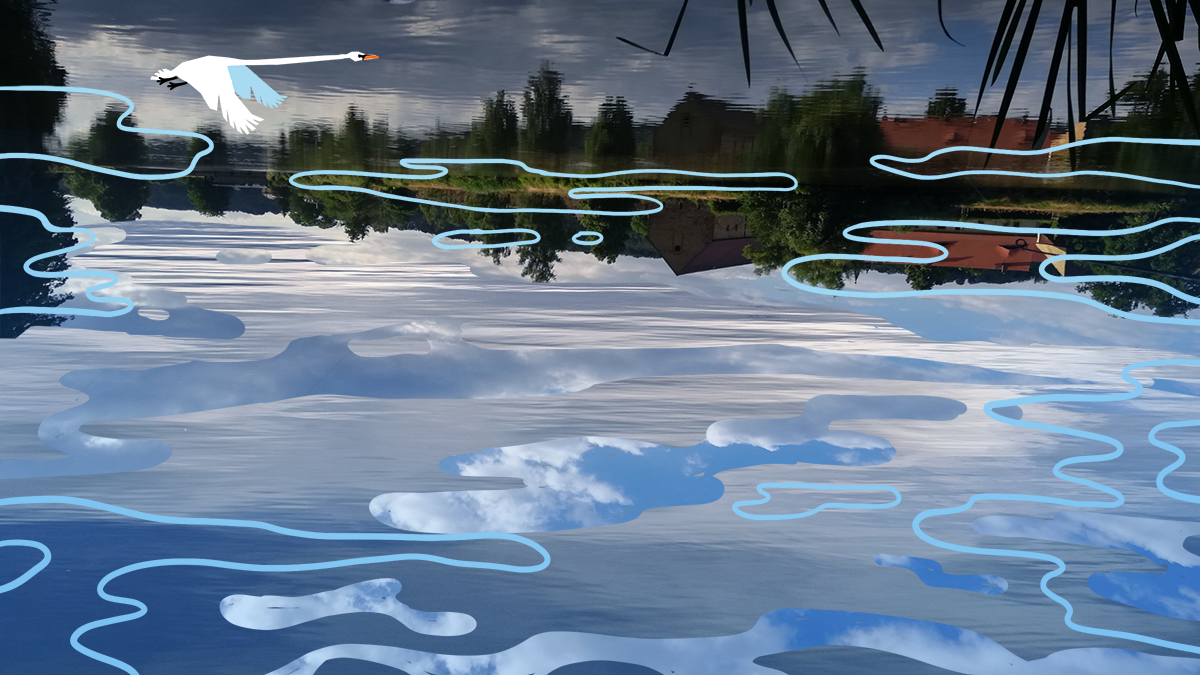 Eine zart wirkende Collage, die die Oberfläche eines Sees darstellt. Die Collage ist aus Bubble-artigen Teilen gebaut, ausgeschnitten aus Photos von blauem Himmel, und digital in Hellblau draufgezeichnet. Den Hintergrund bildet eine Photographie eines Sees, in dem sich ein Hof am Ufer spiegelt. Der See ist umgedreht, sodass der Seeboden oben und der Himmel unten erscheint. Darüber fliegt ein Schwan (simpel gehaltene Graphik eines fliegenden Schwanes).