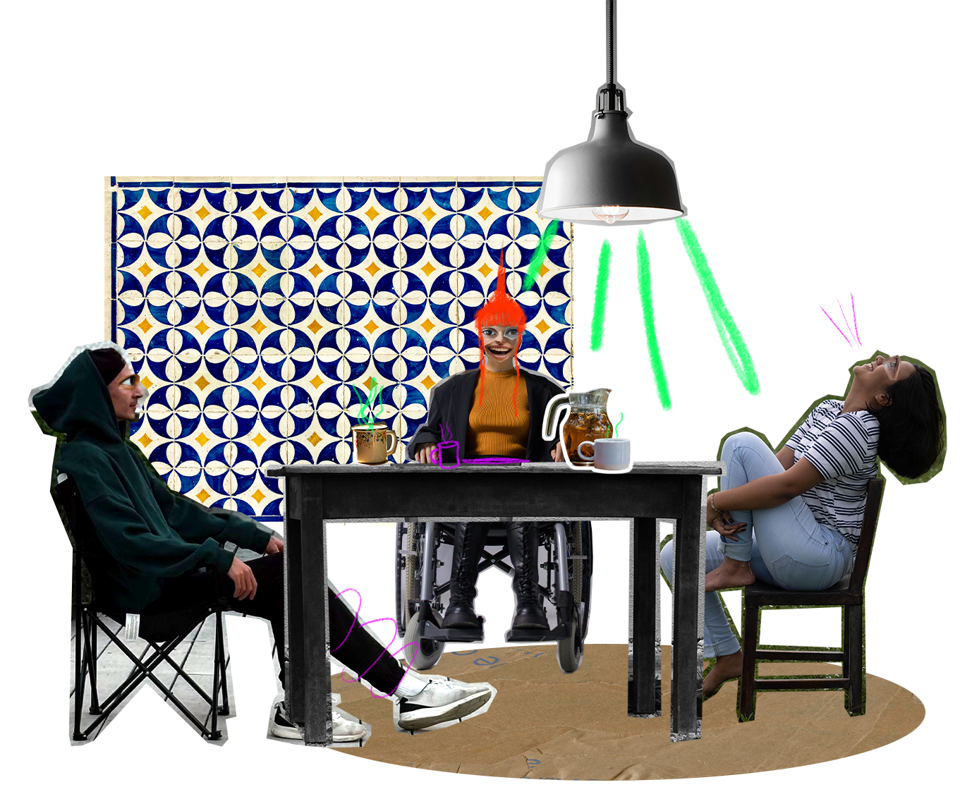 Dekoratives Element im Stil einer analogen, surrealen Collage, die aus Ausschnitten verschiedener Fotografien zusammengesetzt wurde
Die Collage zeigt drei Personen, die gemeinsam um einem Tisch sitzen und lachen. Rechts am Tisch sitzt eine Person mit hellblauer Jans und einem gestreiften Shirt. Die Person hat ein Bein angezogen und auf der Sitzfläche des Stuhles abgestützt. Das zweite Bein hängt entspannt zu Boden. Die Arme sind um das angezogene Bein gelegt, während die Person den Kopf mit lockigem, braunen Haar in den Nacken wirft. Es handelt sich um die Ich-erzählende Figur Heva. Um ihren geöffneten Mund wurden digital Linien in einem comichaften Stil ergänzt, so dass der Eindruck erweckt wird sie würde lachen. In der Mitte des Tisches sitzt Thea mit leuchten Orangem Irokesen im Rollstuhl. Sie trägt einen senfgelben Pullover und eine schwarze Jacke und Hose. Der große Mund ist ein breites Lächeln, das über die Kontur des Kopfes absteht. Die Person links am Tisch zeigt den dritten Mitbewohner Ali, der mit weißen Turnschuhen, schwarzer Hose und dunkelgrünem Pullover auf einem Campingstuhl sitzt.
Auf dem Tisch stehen eine Karaffe und zwei Tassen Tee. Im Hintergrund ist ein Ausschnitt einer Fotografie eines Fließenmusters, das sich aus gelben und weißen vierzackigen Sternen und dunkelblauen Rechtecken und Kreisen zusammensetzt und in Kacheln wiederholt. Über ihnen hängt eine rustikale Deckenlampe, deren Licht einfall durch ein digitales Zeichentool nachträglich symbolisch mit hellgrünen Linien hinzugefügt wurde. Unter dem Tisch liegt ein ovaler Teppich angedeutet durch ein beigefarbenes Stückpapier, das bereit ein paar mal gefaltet wurde.