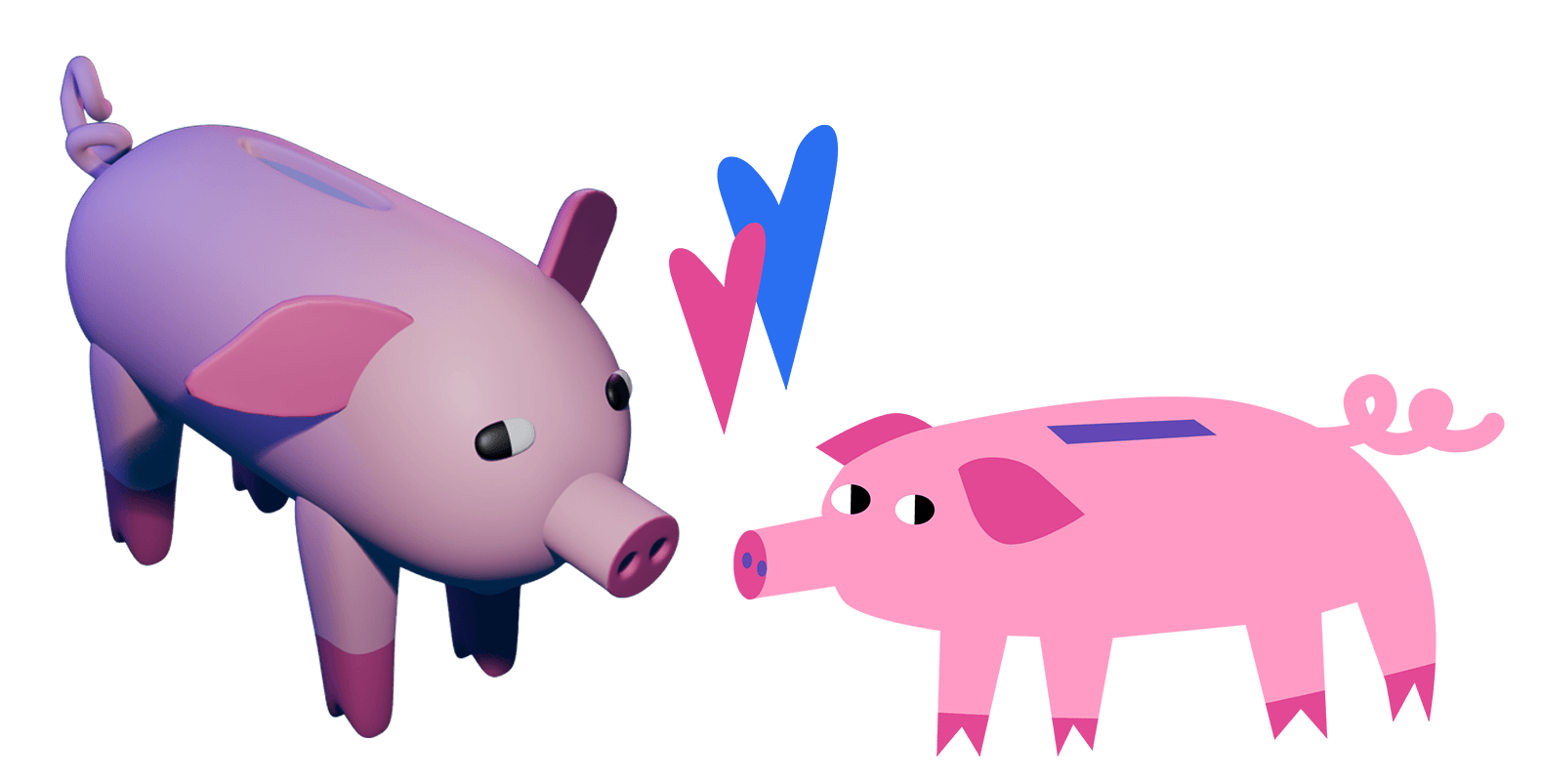 Eine 3D-Figur und eine Illustration von einem rosa Sparschwein stehen nebeneinander. Sie haben beide einen Ringelschwanz und eine längliche Schnauze. Sie schauen jeweils in die entgegengesetzte Richtung. In ihrer Mitte sind zwei kleine Herzen in pink und blau. 