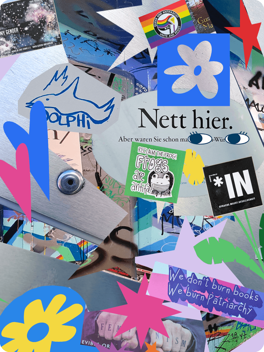 Bunte Collage mit übereinandergelegten Aufklebern, Zeichnungen und grafischen Elementen.