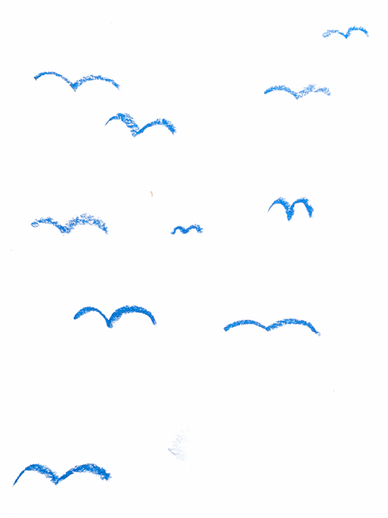 Auf einem transparenten Hintergrund sieht man sehr minimalistisch stilisierte Vögel im Flug. Sie sind blau und mit Ölpastellkreide gezeichnet.