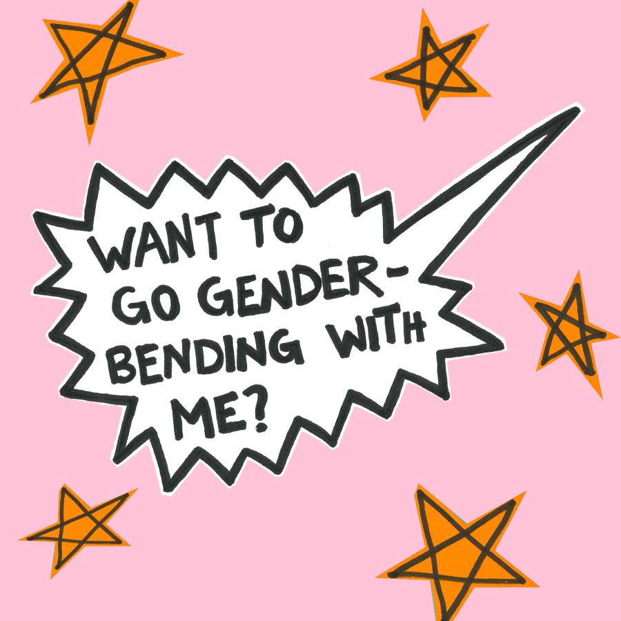 Auf einem rosa Hintergrund ist eine cartoonartige Sprechblase zu sehen. Darin steht analog geschrieben in großen Druckbuchstaben: "Want to got gender-bending with me?" Um die Sprechblase herum sind einige gelbe Sterne als Deko.