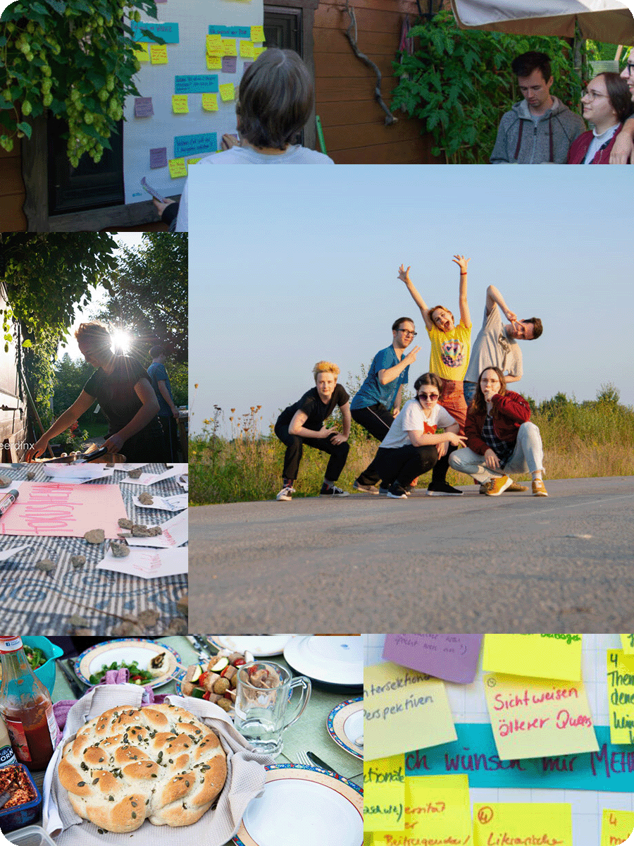 Eine Bildcollage zeigt Bilder vom Queerdinx-Redaktionswochenende 2022.