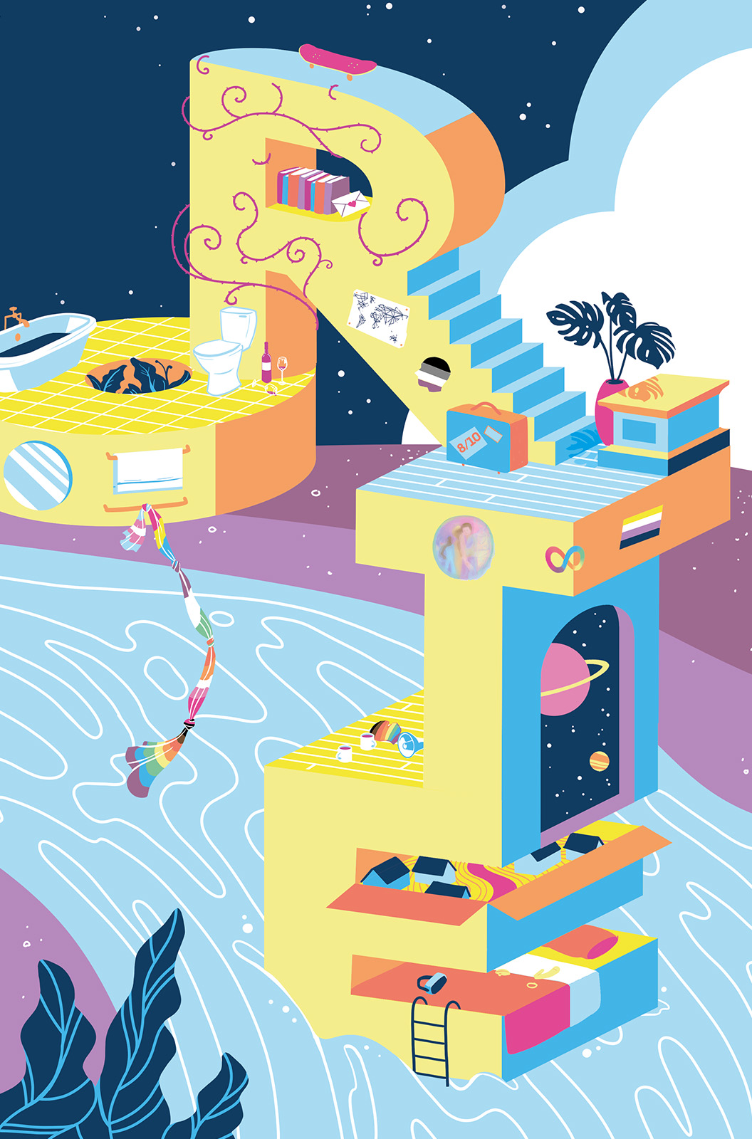 Das Cover der Ausgabe Orte. In der Mitte des Bildes sieht man das Wort "Orte" in großen Buchstaben. Es sieht aus, als wären diese Buchstaben ein zusammenhängendes Haus, in dem verschiedene andere kleine Motive abgebildet sind. Das Konstrukt steht in einem Fluss vor einem dunkelblauen Himmel mit Wolken.