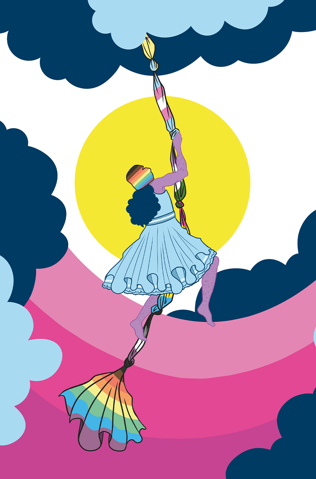 Das Cover der Ausgabe Stolz, auf der eine Person illustriert ist, die mit einer Regenbogenmaske an einer Kette aus Pride-Flaggen in den Himmel klettert.