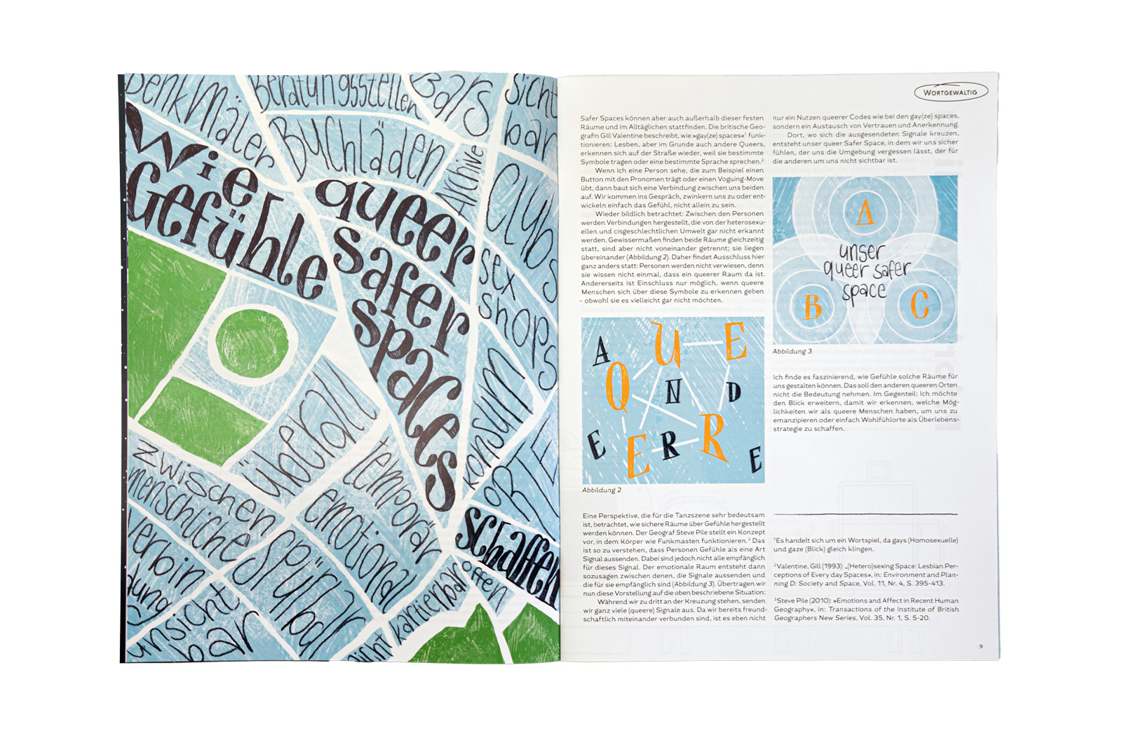 Das Magazin liegt aufgeschlagen auf weißem Hintergrund. Auf der linken Seite ist eine typografische Illustration mit dem Schriftzug "Wie Gefühle queer safer spaces schaffen" . Auf der rechten Seite steht der Beitragstext.