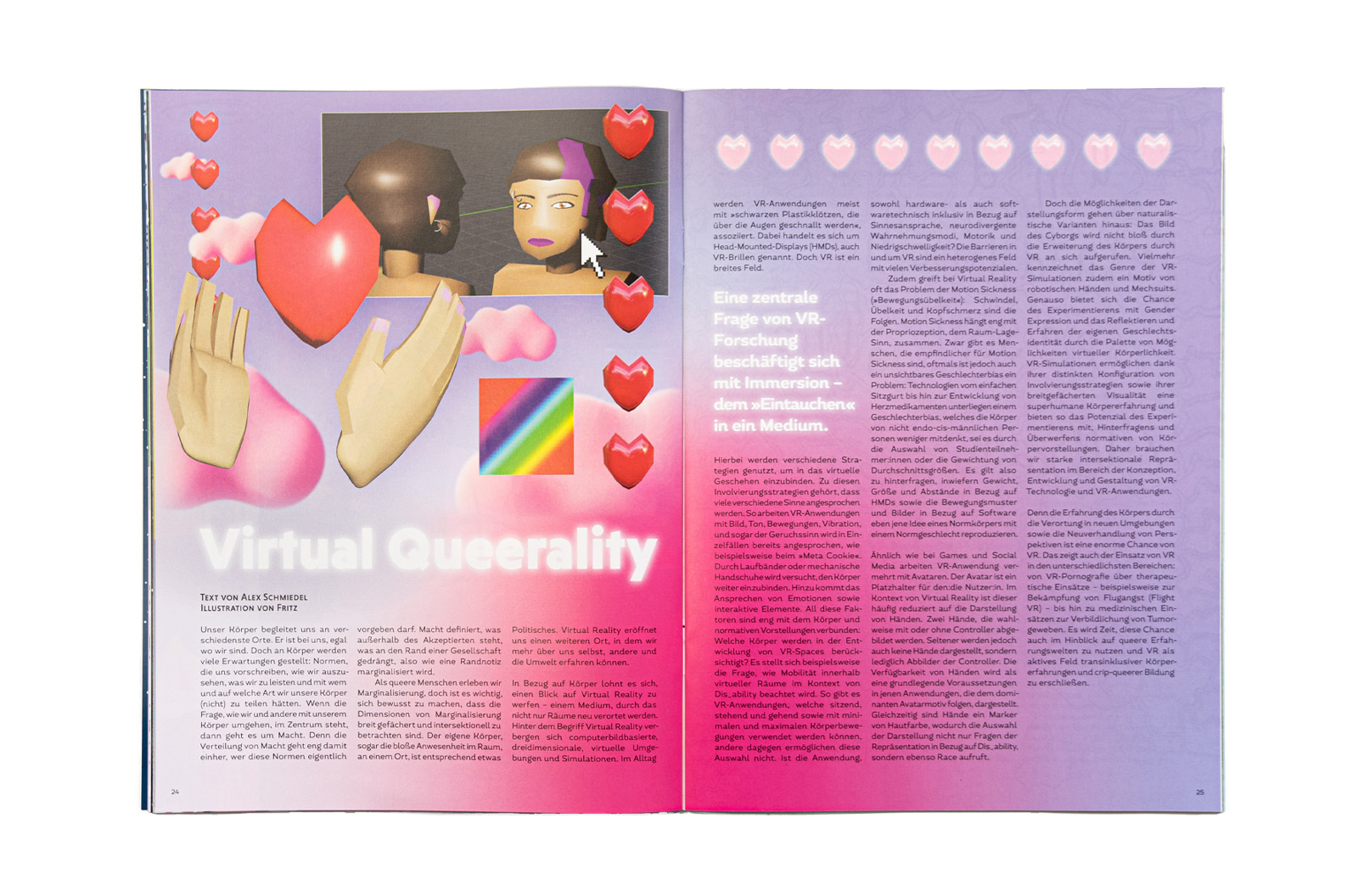 Das Magazin liegt aufgeschlagen auf weißem Hintergrund. Auf der linken Seite ist eine 3D-Illustration über dem Schriftzug "Virtual Queerality" zu sehen. Auf der rechten Seite steht der Beitragstext.