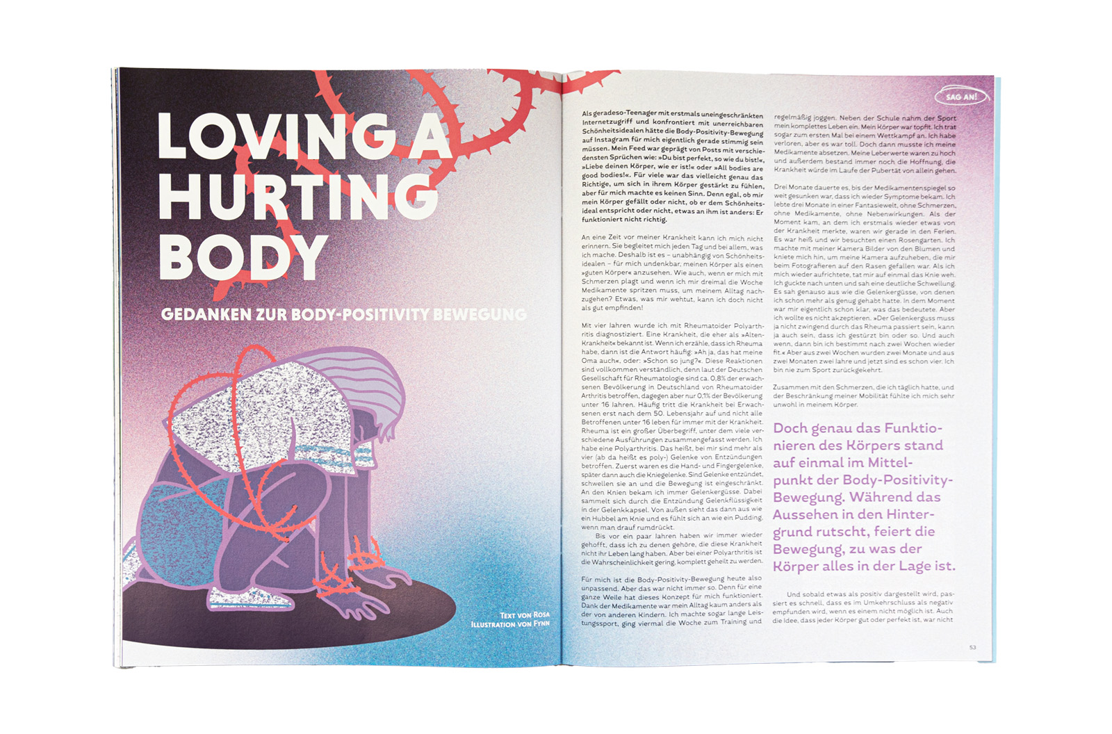 Das Magazin liegt aufgeschlagen auf weißem Hintergrund. Auf der linken Seite ist eine Illustration von einer Person zu sehen, darüber steht "Loving a hurting body". Auf der rechten Seite steht der Beitragstext.